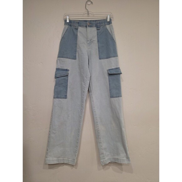 Almost Famous Pants - Almost Famous Colorblock Denim Cargo Pants Women’s Size Small Elastic Waist